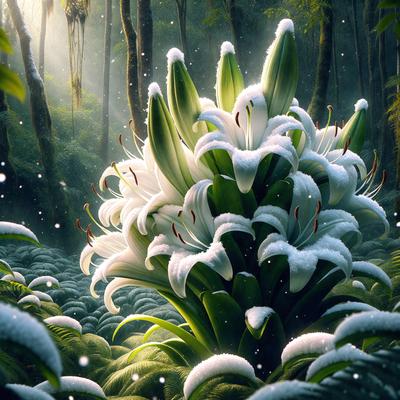 The primary subject of the image is a large white flower with green leaves, surrounded by a forest setting. The flower is covered in snow, giving it a frosty and serene appearance. The visual style of the image is a digital art or illustration, with the flower and leaves depicted in a detailed and realistic manner. The colors and mood of the image are predominantly white and green, with the snow adding a touch of coldness to the overall atmosphere.